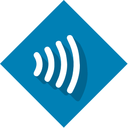 White Near Field Communication symbol infront of a blue background